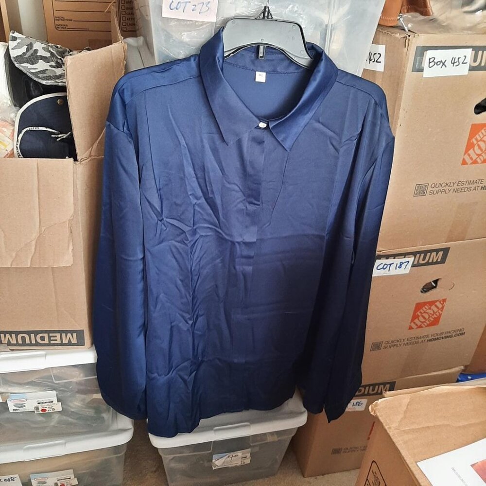 Women Satin Long Sleeve Shirt Navy Blue Size 3XL